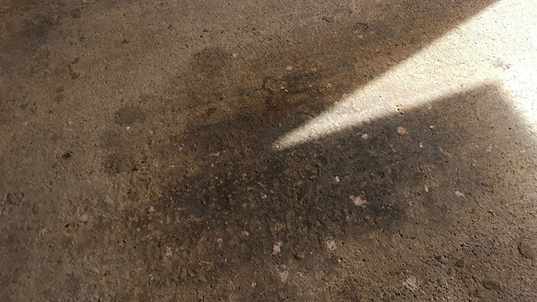 Existing floor, oil contamination. Surface is rough and pitted.
